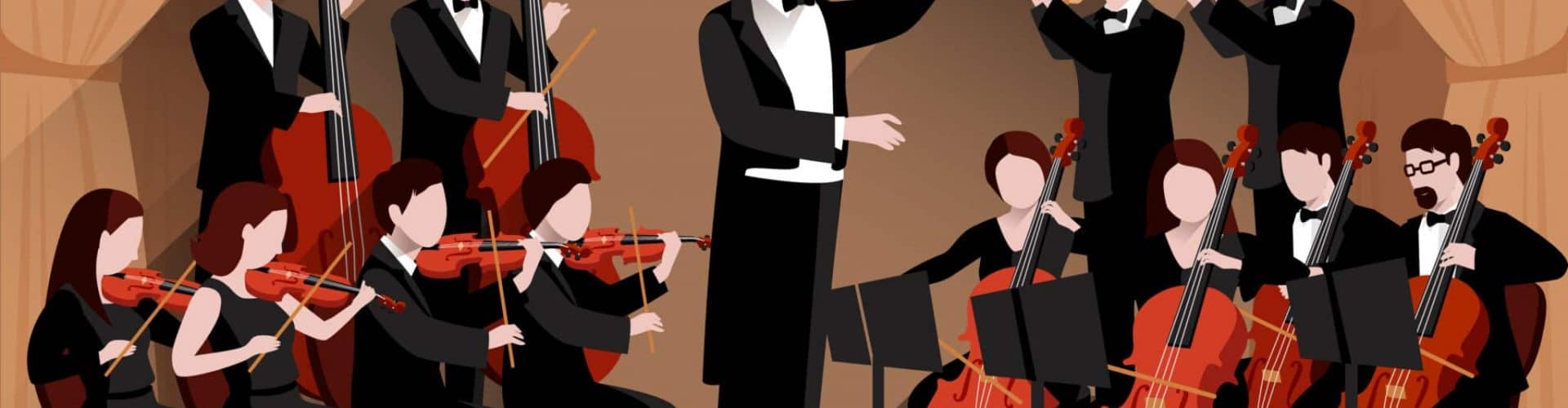 Symphonic orchestra with conductor violins chello and trumpet musicians flat vector illustration