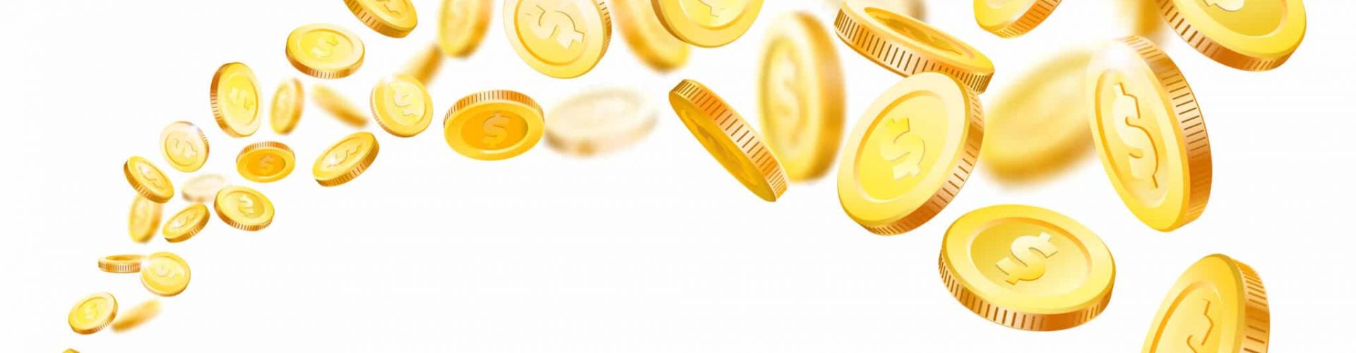 Flying coins. Gold coin fly at stream market profit. Gambling winner casino jackpot golden money falling flow treasure prize dollar cash. Finance investment realistic 3d vector isolated illustration