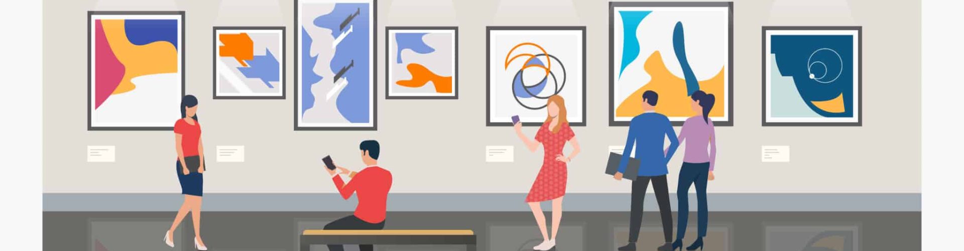 Men and women visiting museum or art gallery vector illustration. Modern art, exhibition, culture. Artworks concept. Design for website templates, posters, banners