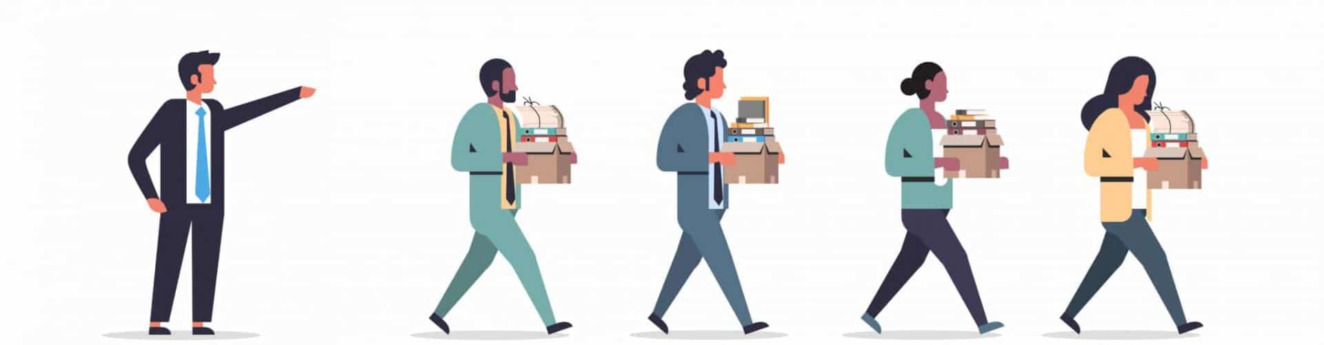 male boss dismisses pointing hand fired mix race business team employees with paper documents box dismissal unemployment jobless concept flat isolated horizontal banner vector illustration