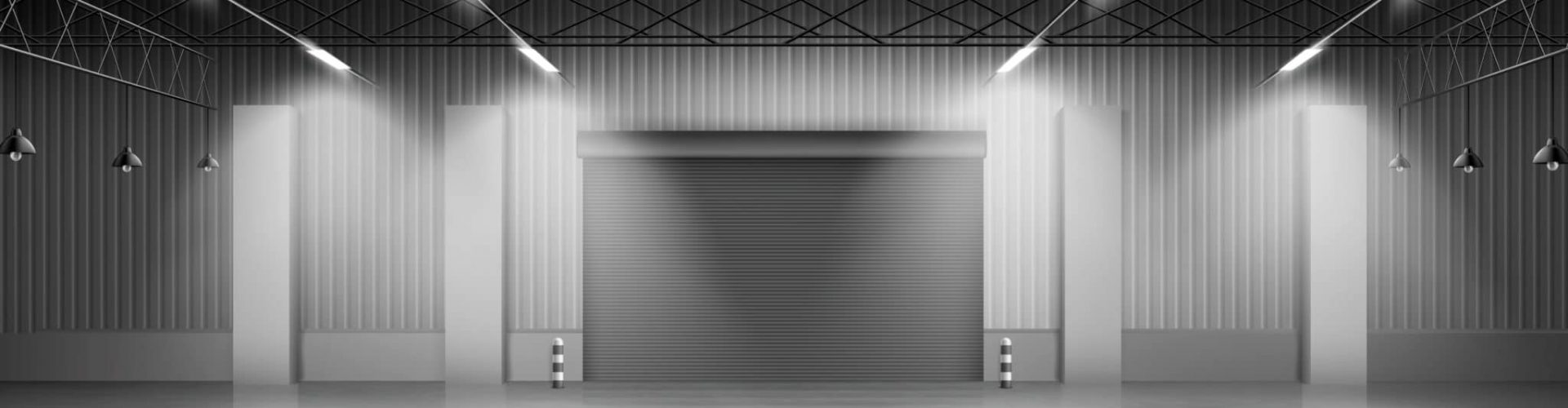 Empty industrial warehouse interior with concrete flooring, illuminating lamps on ceiling, rolling shatter gates. Delivery service storehouse, rental storage facility 3d realistic vector illustration