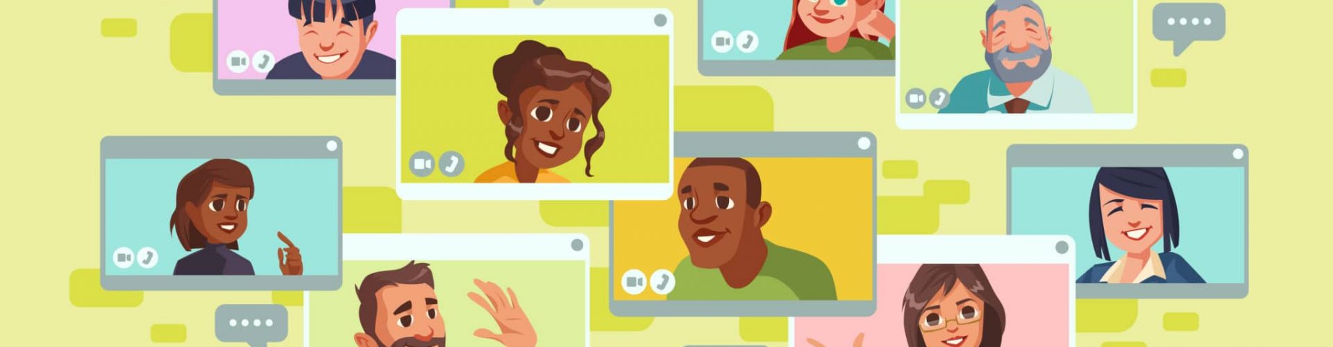 Video conference screen with group of people. Online communication of team or friends, virtual business meeting, conversation on webinar or course. Vector cartoon videoconference