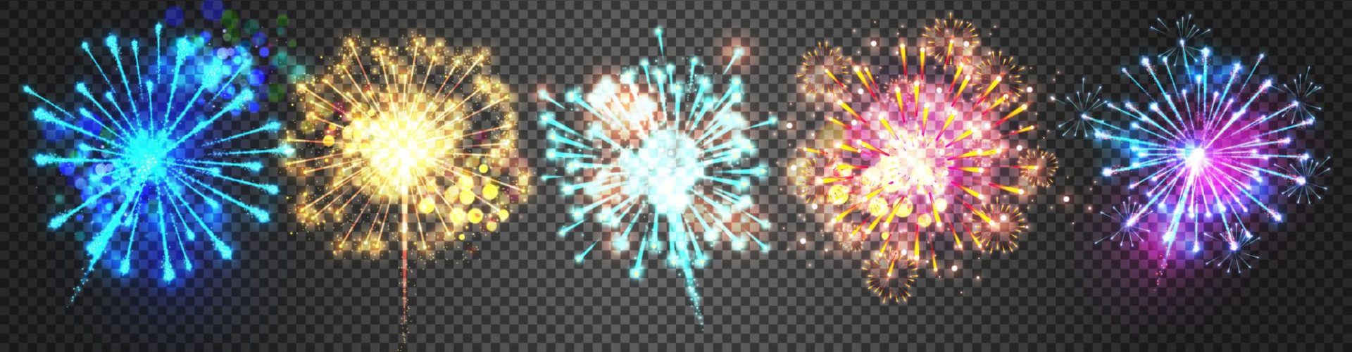 Fireworks vector illustration of sparkling bright firecracker lights. Realistic isolated explosions for New Year and Christmas holiday or Birthday party celebration and greeting card design