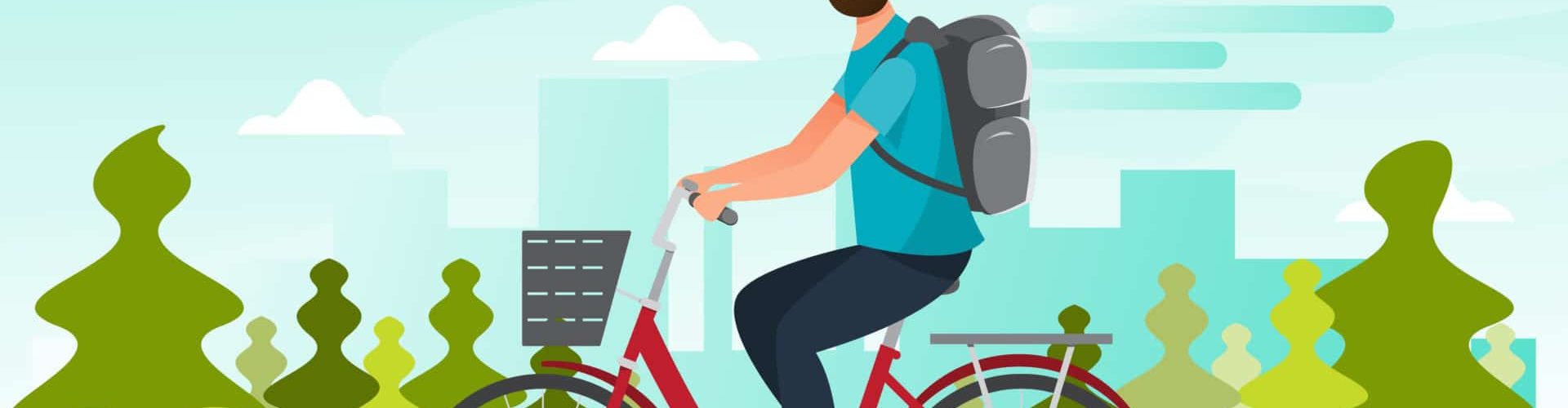 man riding bicycle to the office, slow life on the way. Eco friendly go to work. Vector illustration in flat style